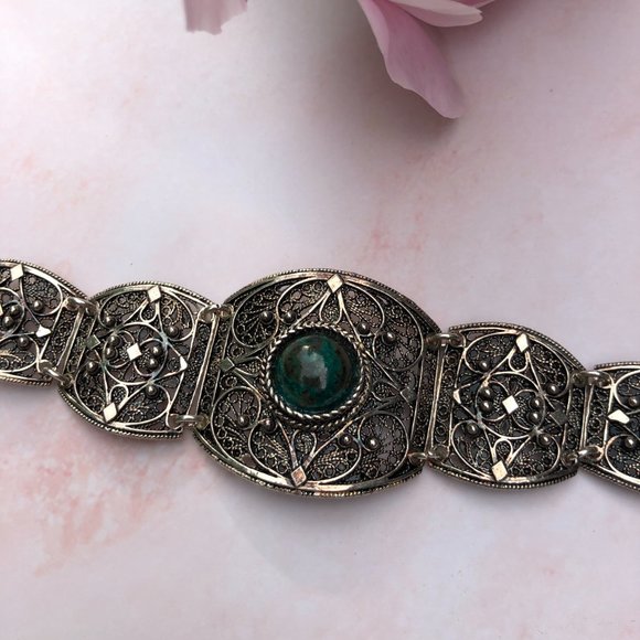 .925 Sterling Silver Eilat Round Stone Filigree Graduated 7 Sections Bracelet - Picture 3 of 4